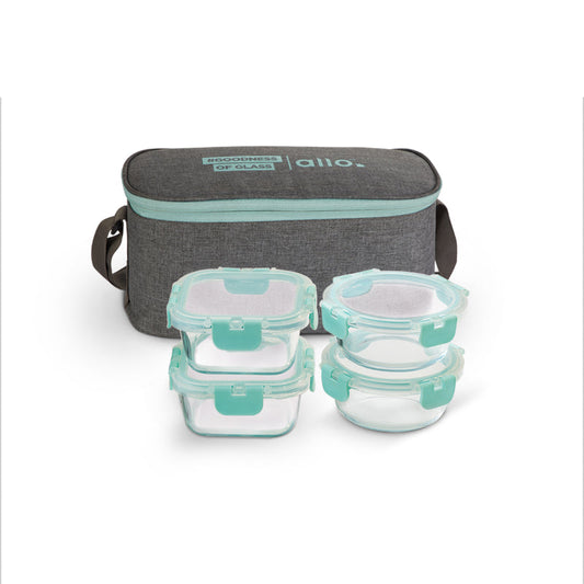 Jasme Safe Glass Lunch box with Break Free Detachable Lock with Canvas Grey Bag Tiffin | Set Of 4