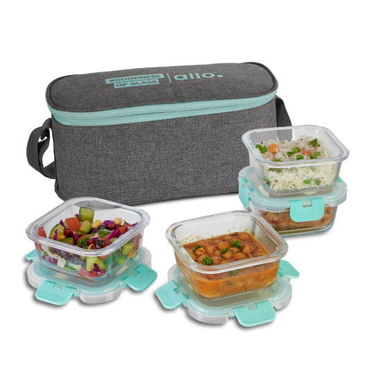 Aspen Safe Glass Lunch box with Break Free Detachable Lock | Set Of 4 | Multiple Colors