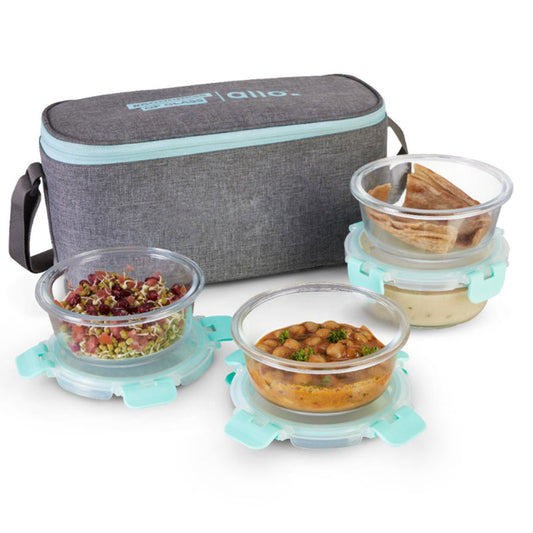 Azley  Safe Glass Lunch box with Break Free Detachable Lock | Set Of 4 | Multiple Colors