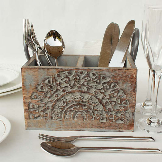 Rustic Wooden Sculpted Cutlery Holder | Multiple Colors