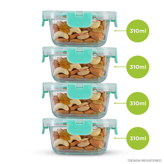 Funz Safe Glass Container with Break Free Detachable Lock Square | 310ml | Set Of 4, 5