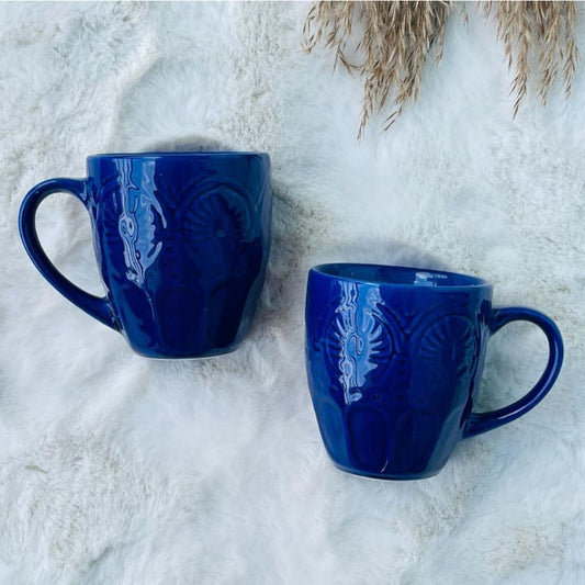 Rio Blue Embossed Coffee Mugs | Set of 2