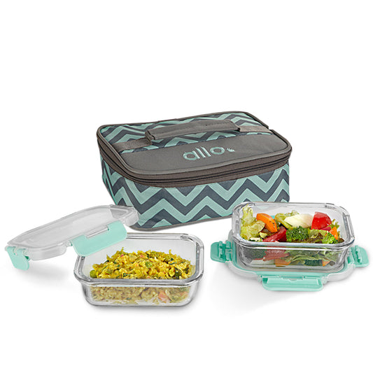 Rilia Safe Glass Lunch box with Break Free Detachable Lock with Chevron Mint Bag Tiffin | Set Of 2