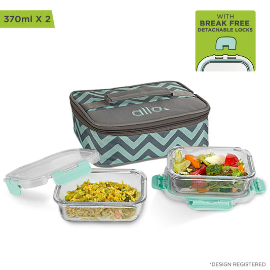 Rilia Safe Glass Lunch box with Break Free Detachable Lock with Chevron Mint Bag Tiffin | Set Of 2