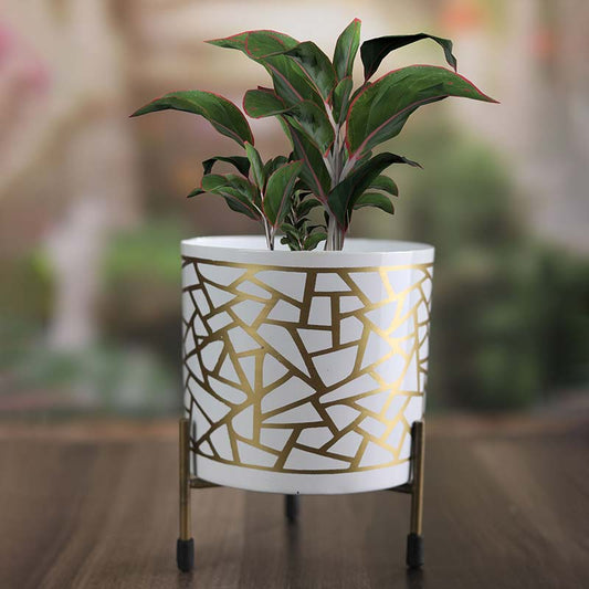 White & Gold Cylindrical Meena Metal Pot with Stand