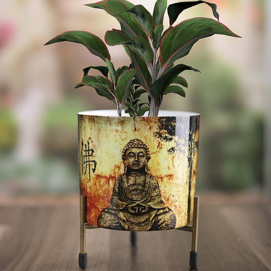 Buddha Design Cylindrical Meena Metal Pot with Stand