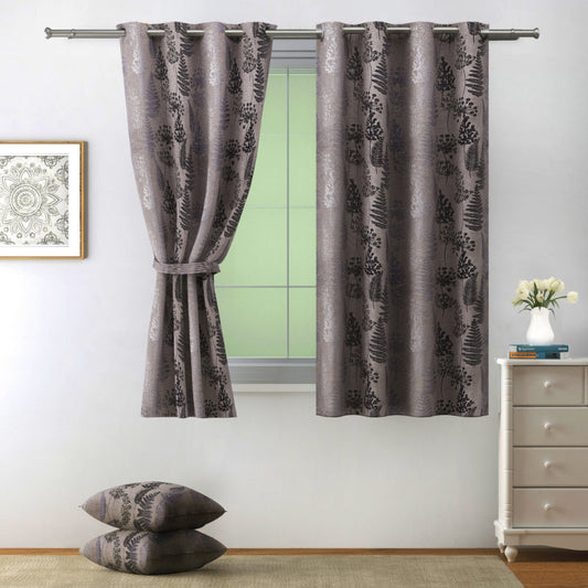 Grey Polyster 80% Blackout Floral Design Curtains | 5 Ft, 7 Ft, 9 Ft | Set of 2