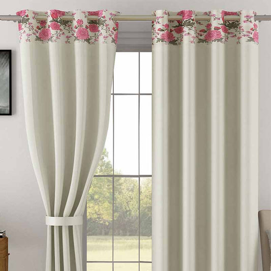 Ivory Polyster Blackout Solid Floral Design Curtains | 5 Ft, 7 Ft, 9 Ft | Set of 2