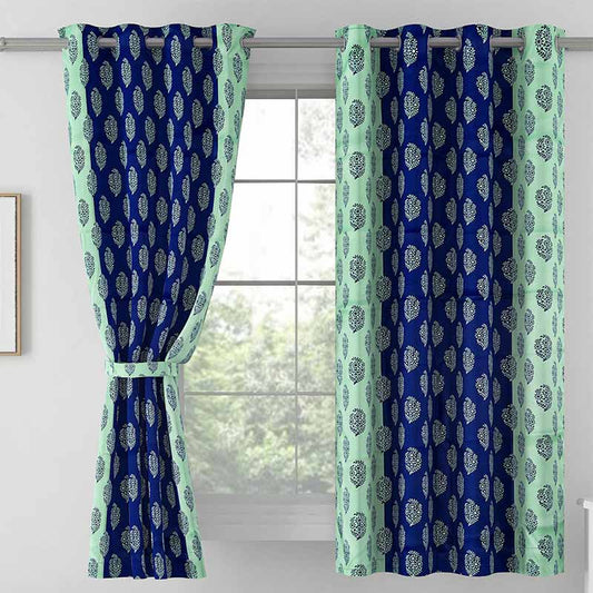 Blue & Green Polyster Blackout Solid Design Curtains | 5 Ft, 7 Ft, 9 Ft | Set of 2