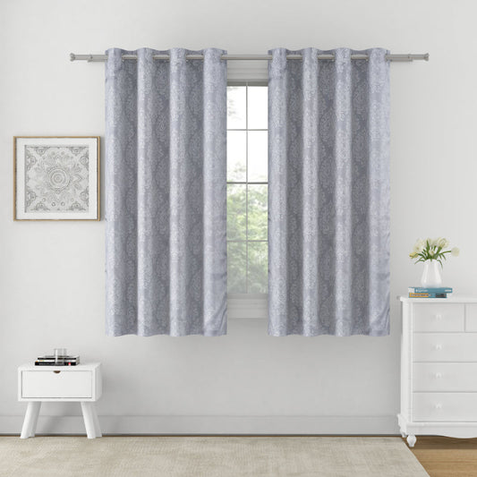 Grey Polyster Blackout Ethnic Motif Design Curtains | 5 Ft, 7 Ft, 9 Ft | Set of 2