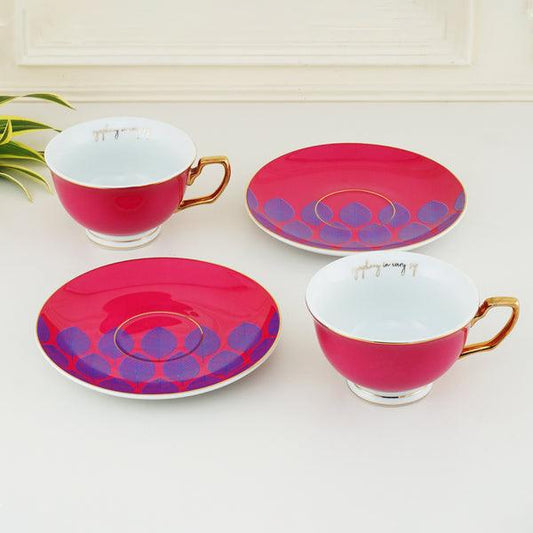 Indian Motif Pattern Cup & Saucer Set | Set of 2 | Multiple Colors