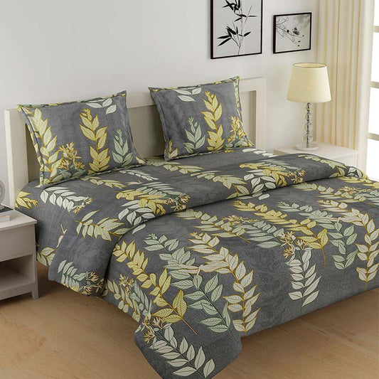 Grey Leaf Design Cotton Bedding Set | Double Size