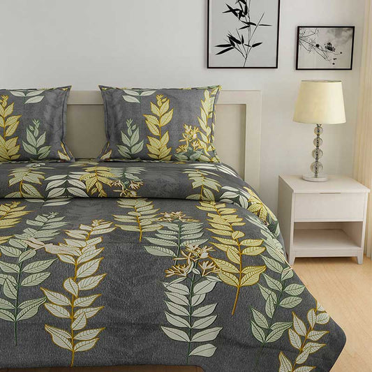 Grey Leaf Design Cotton Bedding Set | Double Size