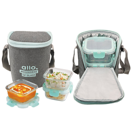 Leigth Safe Glass Lunch box with Break Free Detachable Lock with Denim Grey BagTiffin