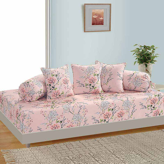 Grey Floral Diwan Set with Bolster and Cushion Covers | Set of 6