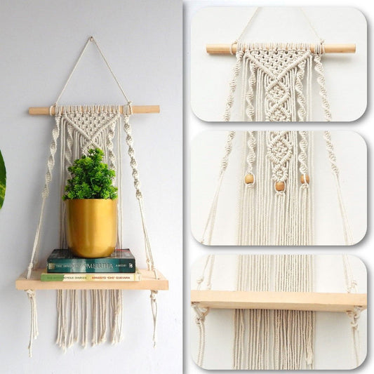 Wooden Beads Braided Wall Hanging Shelf