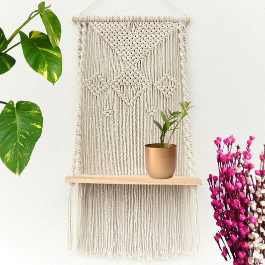 Macrame Knitted Pattern Wall Hanging Shelf