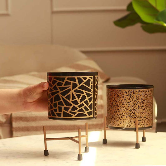 The Bergen | Set of 2 Metal Plant Pot with Stand in Black & Gold