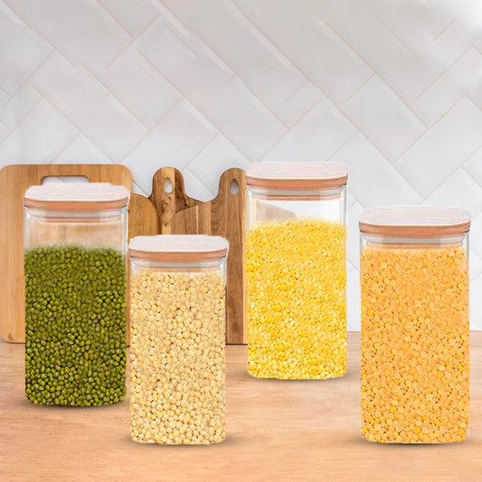 Glass Bamboo Lid Air Tight Jar | 1L | Set of 4