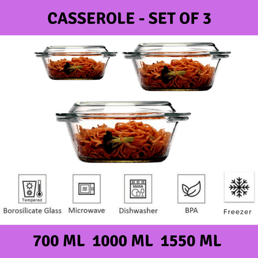 Borosilicate Glass Multipurpose Casseroles | 700 ml & 1L | Set of 2