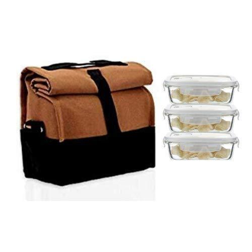 Glass Rectangle Container Camel Black Lunch Box | 400 ml | Set of 3