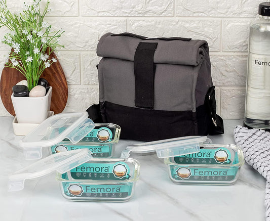 Borosilicate Glass Rectangle Container Grey Black Lunch Box | 400 ml | Set of 3