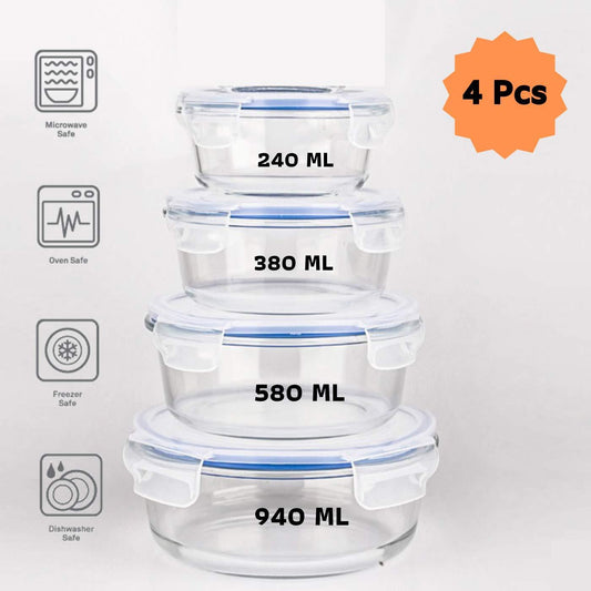 Borosilicate Glass Round Food Storage Container with Air Vent Lid | Mixed Size Combo | Set of 4