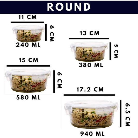 Borosilicate Glass Round Food Storage Container with Air Vent Lid | Mixed Size Combo | Set of 4