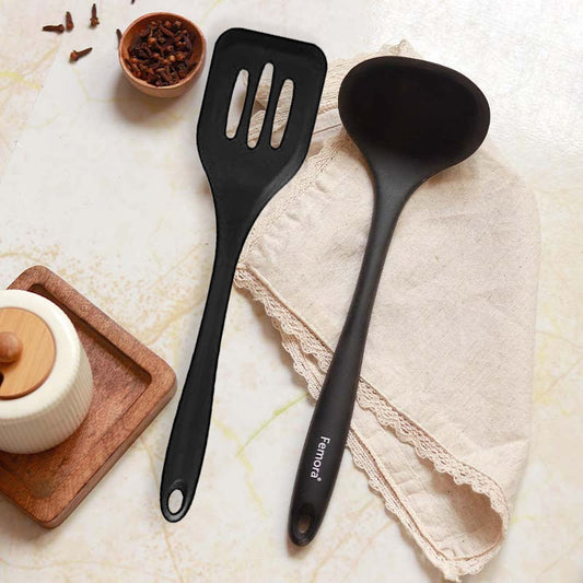 Premium Virgin Silicone Big Spatula and Slotted Turner with Grip Handle| Black| Set of 2