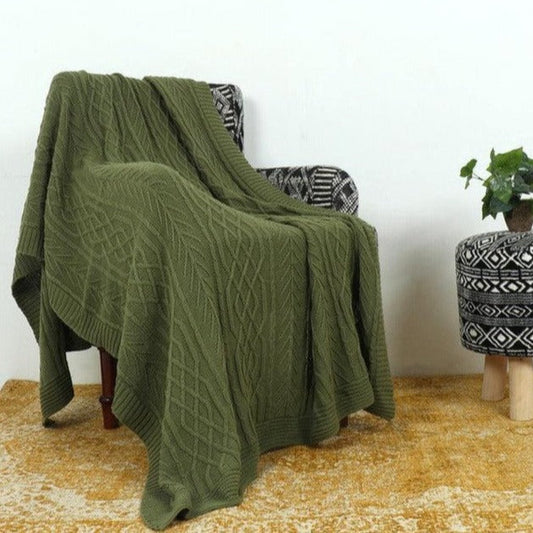 Cotton Knitted Throw | Army Green Self Pattern
