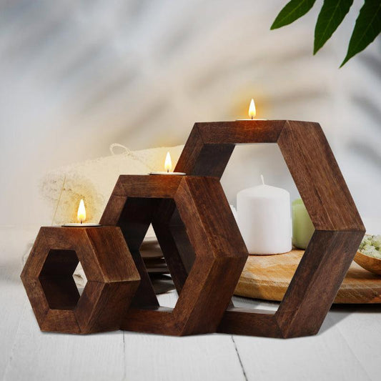 Pentagon Wooden Tea Light Holder | Set of 3