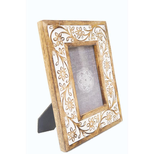 White Photo Frame with Wooden Carving