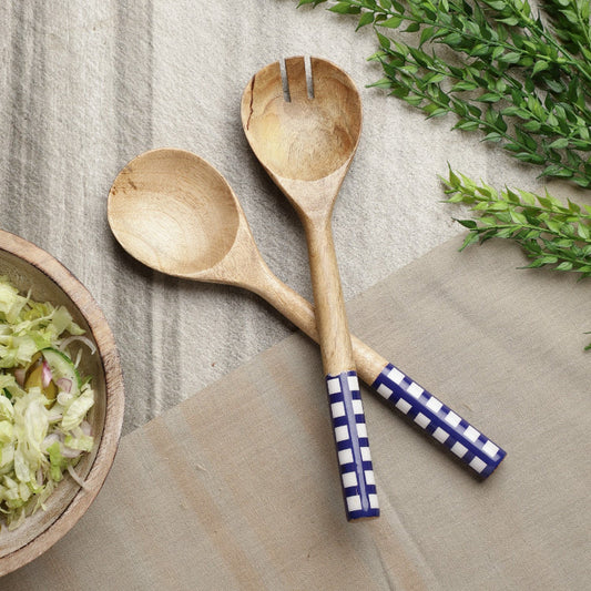 Wooden Checkered Serving Spoons | Set Of 2