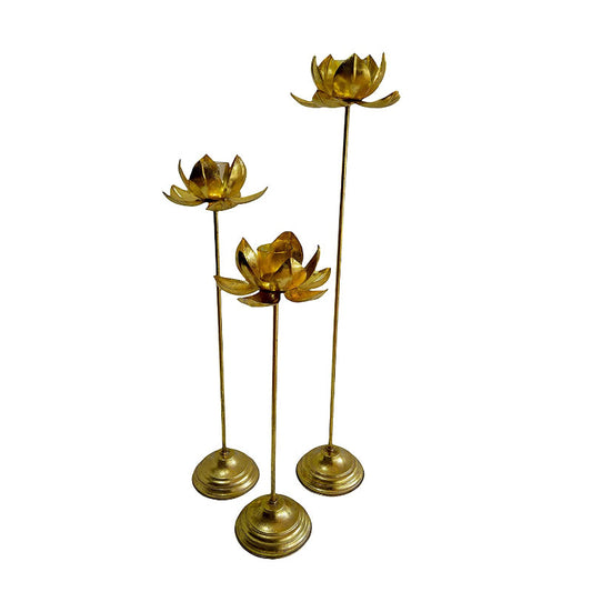 Pedistal Lotus Candle Holder Gold leafing | Set of 3