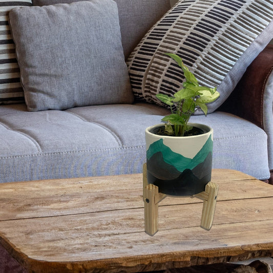 Hand Painted Mountain Ceramic Planter with Pine Wood Stand