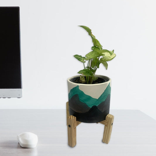 Hand Painted Mountain Ceramic Planter with Pine Wood Stand