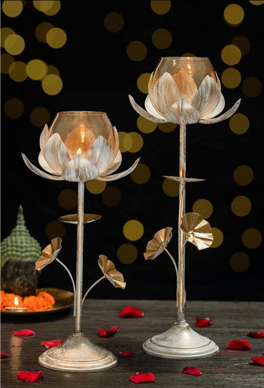 Lotus Flower Candle Holder With Gold Glass | Set of 2 | Multiple Colors