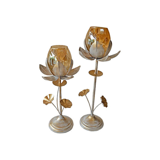 Lotus Flower Candle Holder With Gold Glass | Set of 2 | Multiple Colors