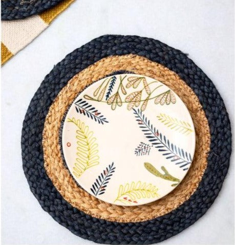 Blue Dual Ring Round Jute Placemat | 12 Inches | Set of 4,6
