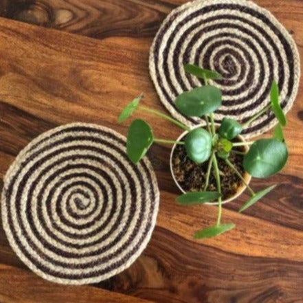 Brown Spiral Design Jute Placemats | 12 Inches | Set of 4, 6