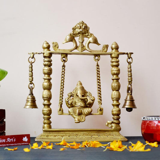 Mandir Decor Ganesha on Swing with Bells in Brass