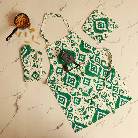 Green Paisley Kitchen Apron, Glove & Potholder Set