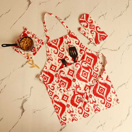 Red Paisley Kitchen Apron, Glove & Potholder Set