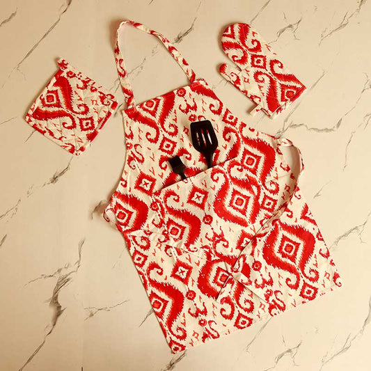 Red Paisley Kitchen Apron, Glove & Potholder Set