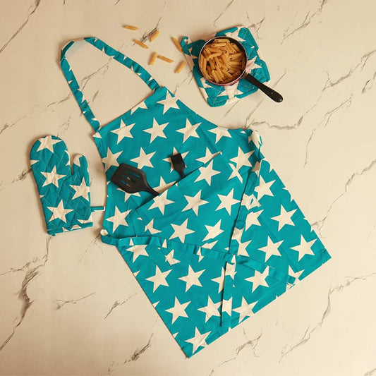 Sky Blue Stars Kitchen Apron, Glove & Potholder Set