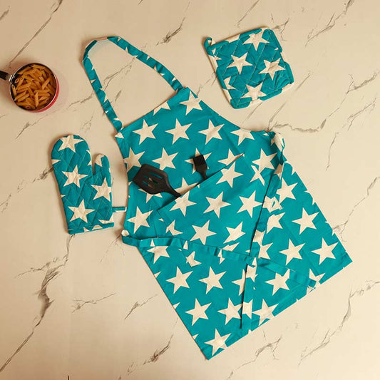 Sky Blue Stars Kitchen Apron, Glove & Potholder Set