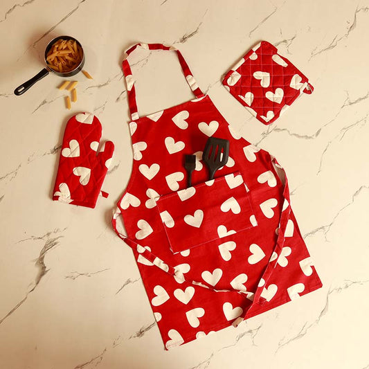 Red & White Heart Kitchen Apron, Glove & Potholder Set