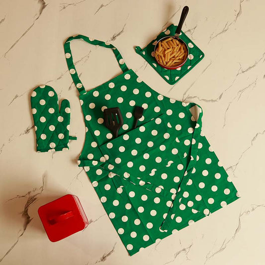 Green Polka Dot Kitchen Apron, Glove & Potholder Set