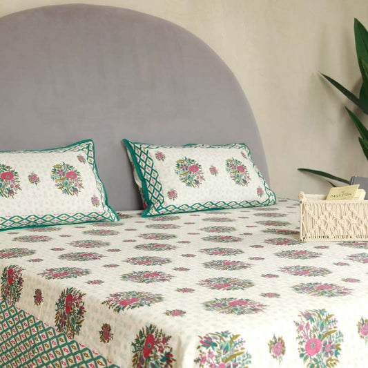 White Flower Printed Cotton Bedding Set | Double Size