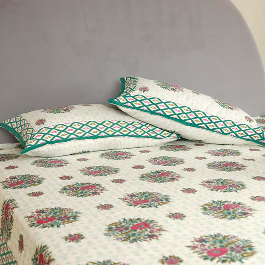 White Flower Printed Cotton Bedding Set | Double Size